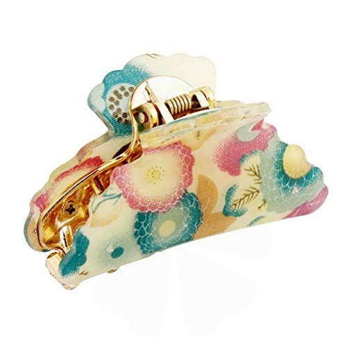 Green Pink Flowers Printed Plastic Teeth Hair Claw Clamp for Woman Random Colorby Ucland