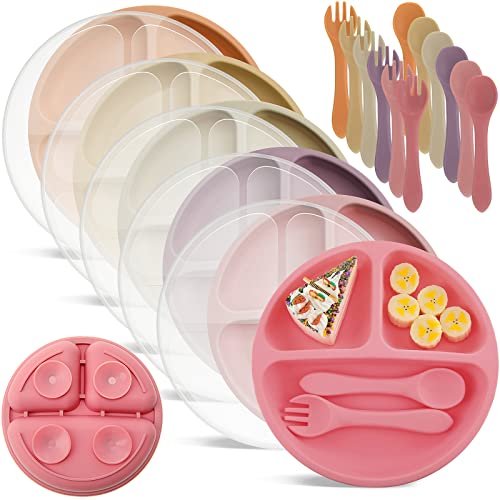 Image of Meanplan 6 Pack Suction Plates for Toddlers with Lids Silicone Baby Plates set Food Grade Silicone Divided Design BPA Free Microwave and Dishwasher Safe Assorted Colors(Cute Colors)
