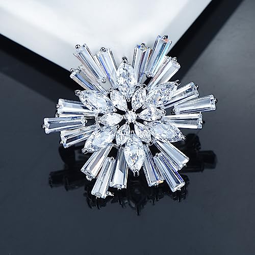 Image of Women's Cubic Zircon Snowflake Brooch Pins Elegant Clear Crystal Ice Flower Lapel Pin Breastpin