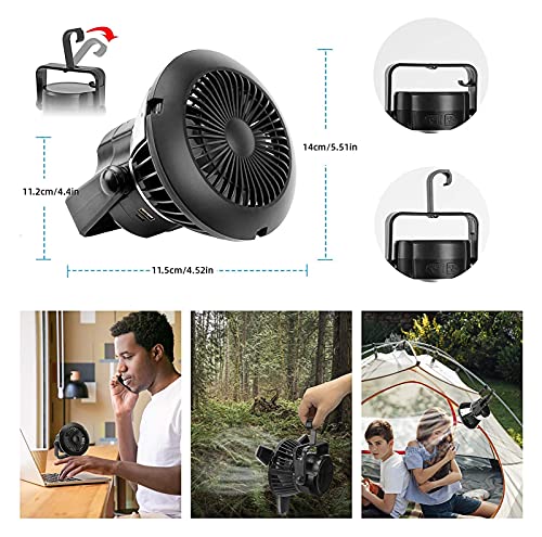 Ventilatore da tenda ricaricabile con luci, ventilatore solare, con ventilatore a soffitto, ventilatore alimentato a batteria per campeggio, pesca, escursionismo, all'aperto, con gancio per appenderlo