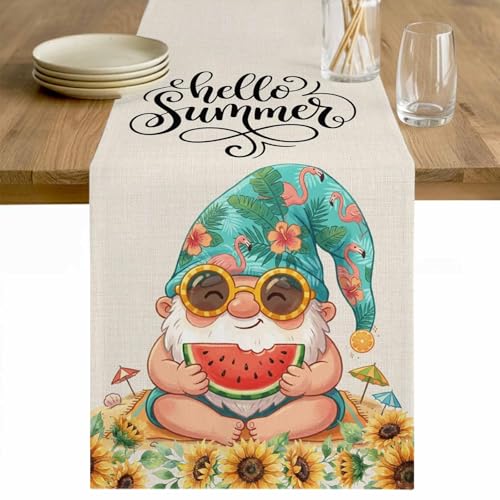Hello Summer Cotton Linen Rectangle Table Runners 13"x90", Cute Gnomes