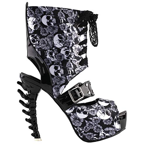 SHOW STORY Punk Skull Rose Print Stud Buckle Lace-UpPlatform Bone Heel Club Ankle Bootie Sandals,LF80663 - Main Image