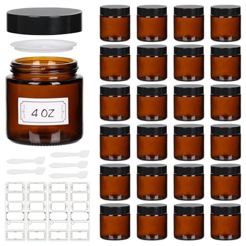 24 Pack 4 oz Glass Jars with lids, Amber Cosmetic Jars with Inner Liners and Black Lids, Lotion Jars, Candle Making Jars for Lotions, Scrubs and Cosmetic, Lables and Spatulas Include Cover