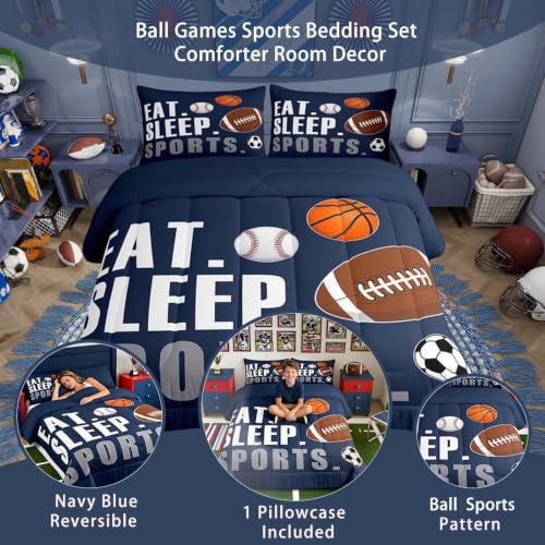 Image of Feelyou Football Comforter Set Full Size Kids Basketball Baseball Soccer Comforter for Boys Girls Sports Theme Bedding Set Breathable Soft Navy Blue Duvet Quilted Ball Game Room Decor