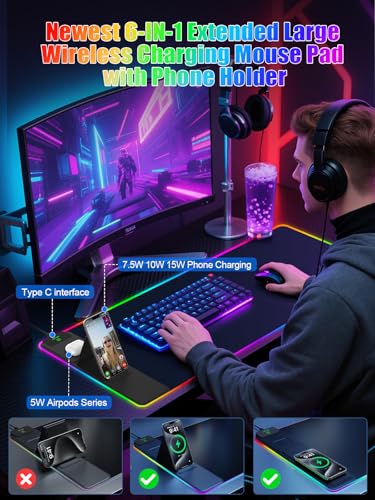 Image of Mouse Pad with Foldable Phone Holder & Wireless Charger, XXL RGB Gaming Mousepad 31.5 inchx15.8 inch Large Desk Mat for Keyboard, Black Desk Pad with Dual Qi Charging Station | 11 Colors 5 Modes | Waterproof
