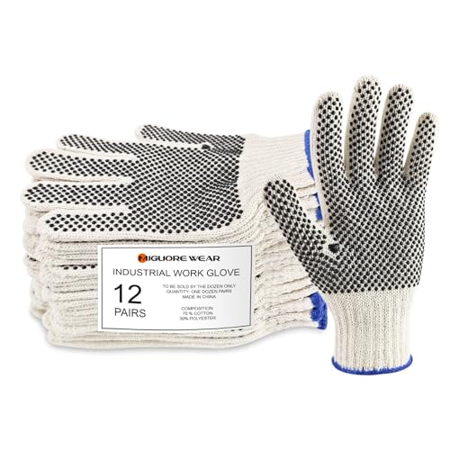 Migliore Wear 12 Paar Arbeitshandschuhe mit Rutschfeste Noppen für Herren & Damen, Baumwoll-Polyester Schutzhandschuhe für Industrie, Gartenarbeit, Bau, Lager