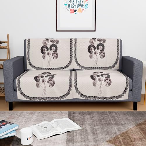 Image of Kuber Industries Set of 4 Velvet 2 Seater Sofa Covers for Living Room | Easy Machine Washable Sofe ke cover for Home Comfort | Digital Flower-Cream & Green