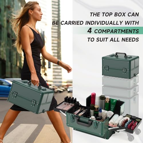 Leeora&Leekoo Portable Multi-Storey Nail Case for Nail Tech Organizer - Wheels Makeup Case Organizer, Cosmetic Case, Makeup Train Case, Make Up Case (Green) by Leeora&Leekoo - Image 3