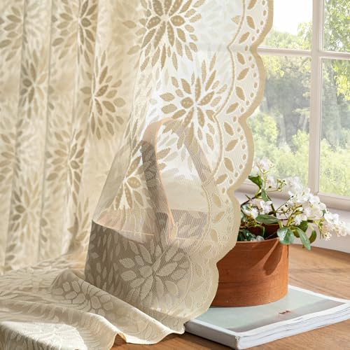 Image of MIULEE Vintage Floral Scalloped Lace Curtains 2 Panels, Beige 52 inch W x 36 inch L | Victorian Decorative Design, Semi Sheer Curtains, Pretty Cafe Short Tier Panels, Lace Small Drapes for Kitchen