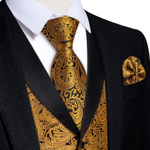 DiBanGu Mens Silk Vest and Tie Set 7PCS Paisley Suit Waistcoat and Necktie with Lapel Pin for Wedding Shawl Collar Dress Vest4