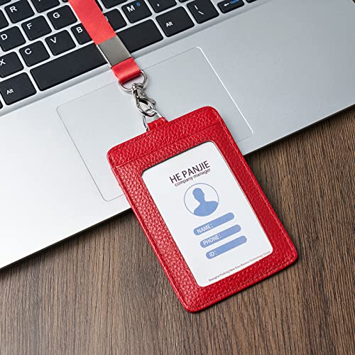 Cow Leather ID Badge Holder with Lanyard(Full Grain Leather,3"*4.5"),1 Clear ID Window and 3 Card Slots,Nylon Neck Lanyard with rotatable and Removable Metal Clasp,Vertical Name Badge Holders - Image 3