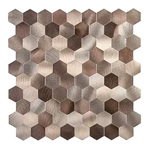 Decopus Metal Mosaic Tile Backsplash Peel and Stick (Hexagon Copper Brown 5pc/Pack) for Kitchen, Bathroom, Wall Accent, Table Tops (12''x12''x0.16''Thick) Self Adhesive Honeycomb Metal Mosaic Tile