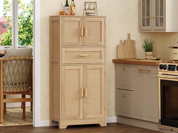 Image of TEENFON 47.2 inch H Tall Storage Cabinet with Adjustable Shelf, Rattan Cabinet, Cupboard for Living Room, Dining Room, Entryway, Home Office, Natural