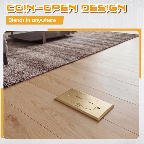 Image of Brass Recessed Floor Outlet Box, UL Listed Low Profile Hidden Flip-Up Floor Outlet with Watertight Gasket, 20A Tamper Resistant Receptacle for Living Room, Home Office, Conference Room