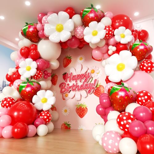 PTGOLUO Strawberry Balloon Arch Kit 188Pcs with Strawberry Daisy Foil Balloons Red Pink White Balloons for Sweet One Berry First Birthday Wedding Baby Shower Gender Reveal Girls Princess Party Decor