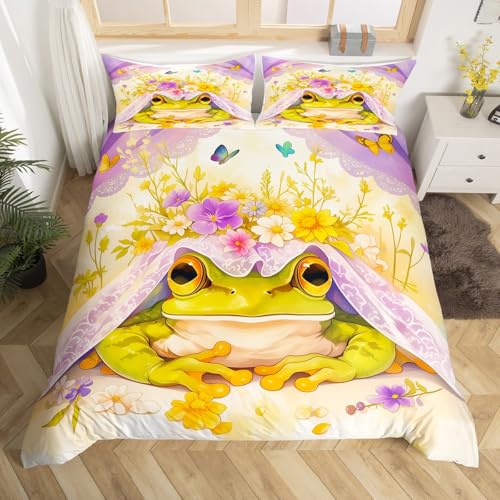 Homewish Housse de Couette Grenouille 140x200 avec 1 Taie d'oreiller, Parure de Lit Enfant Grenouille Tropicale, Sets de Housses de Couettes Grenouille...