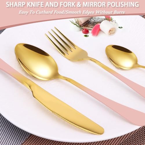 Image of 24 Pieces Flatware Set, Stainless Steel Cutlery Set with Silverware Holder, Modern Gold Silverware Set Includes Dinner Knives Forks Spoons,Hanging Silverware (Pink)