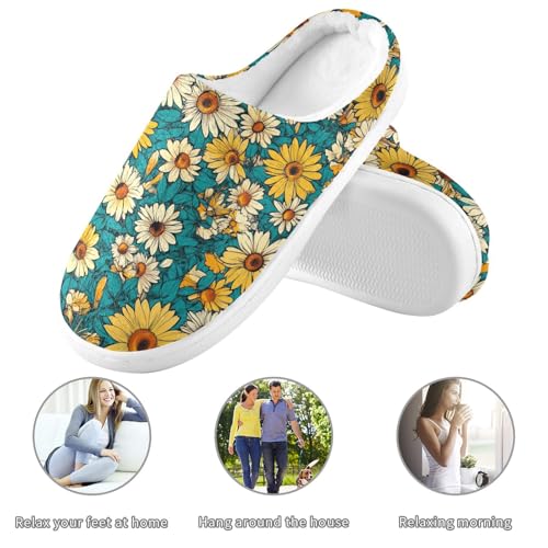 JUNZAN Cartoon Sunflower Star Teal Womens Cotton Slippers Comfortable Memory Foam Indoor Shoes for Hospital Christmas Presents 6-73