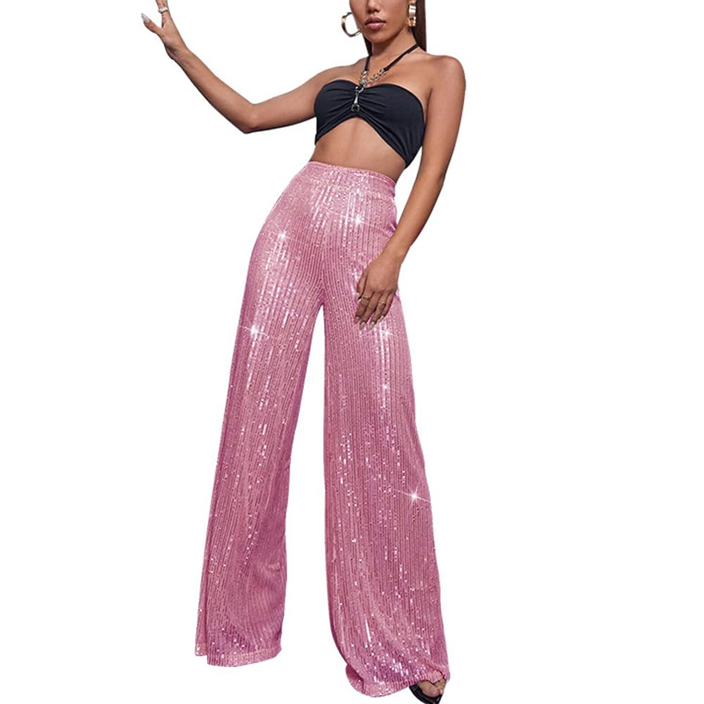 Generic Womens Solid Color High Waisted Straight Leg Loose Sequin Party Club Pants