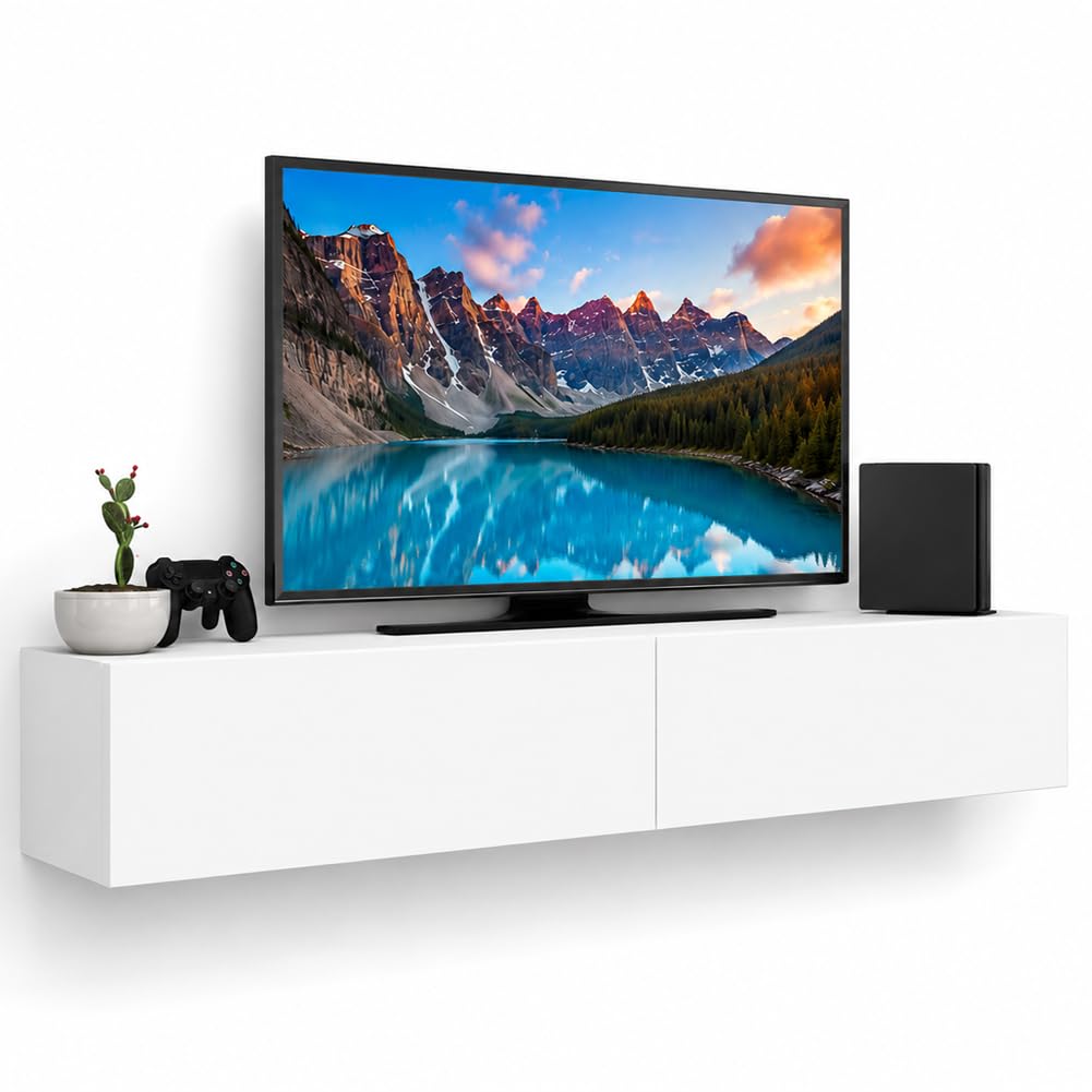 Shally Dogan Mobile Porta Tv Sospeso Design Moderno, Mobiletto da Parete per Soggiorno con Doppio Cassetto, Struttura Resistente, Ideale per Casa e Ufficio, 135 x 31.5 x 25 cm (Bianco)