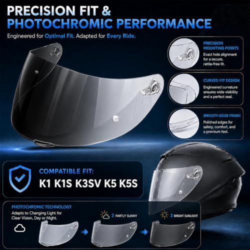 Image of PSLER Photochromic Shatterproof Helmet Visor for K1 K1S K3SV K5 K5S | Impact-Resistant ,UV400 Protection, Motorcycle Tinted Face Shield for K1 K1S K3SV K5 K5S ,Visor Replacement