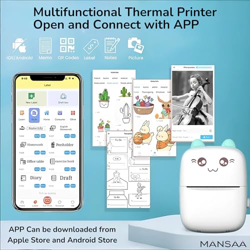 Image of MANSAA Mini Thermal Printer, Portable Bluetooth Pocket Printer for Android & iOS, Cute Cat Inkless Thermal Printer, USB Rechargeable Sticker & Label Printer for Notes, Study & Photos (White & Blue)