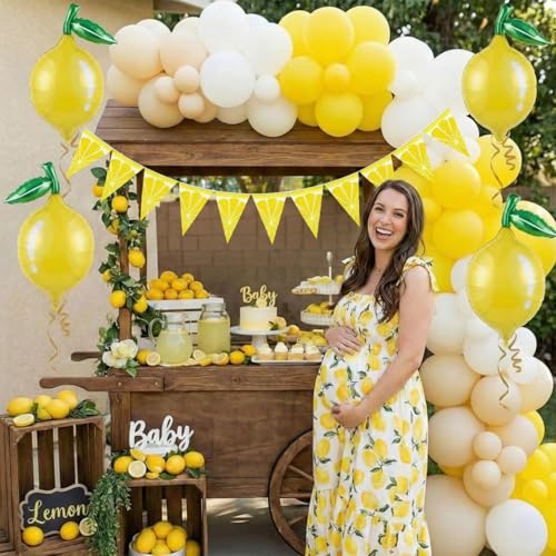 Image of Gersoniel 5 Pcs Lemon Party Decorations Yellow Lemon Pennant Banner | Pre-strung Triangle Flags for Lemonade Themed Birthday, Baby Shower, Wedding Party, Classroom Decorations, Paper Bunting