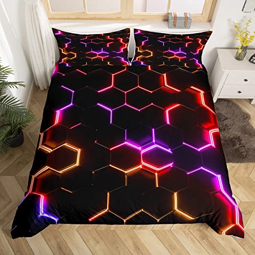 Rred Purple and Black Print Duvet Cover Hexagonal Bedding Set Kids Boys Teens Honeycomb Decor Comforter Cover Beehive Geometric Bedspread Cover Bedroom Collection 2Pcs Single Size