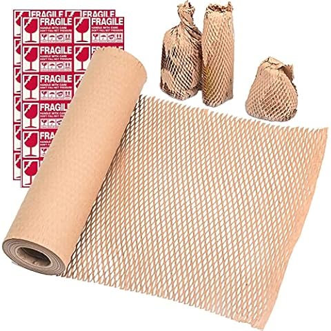 Pobuu 10m Paper Packaging Wrap with Fragile Stickers, Honeycomb Cushioning Wrap Roll Kraft Paper to Bubble Wrap for Moving Shipping Packaging Cover