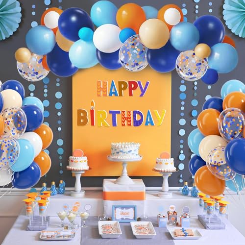 Image of BAUANOOY Blue and Orange Balloons, 60pcs 12 Inch Orange Blue White Nude Latex Balloon with Confetti Balloons Ribbon for Baby Shower Graduation Blue Birthday Party Decorations