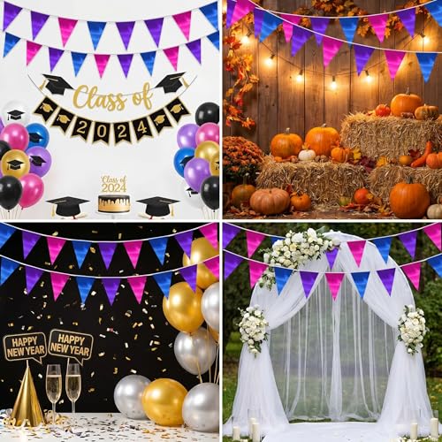 Image of 130FT Blue Purple Rose Red Triangle Pennant Banner Flag Metallic Fabric Bunting Garland for Christmas Graduation Wedding Anniversary Bachelorette Birthday Bridal Shower Valentines Hen Party Supplies