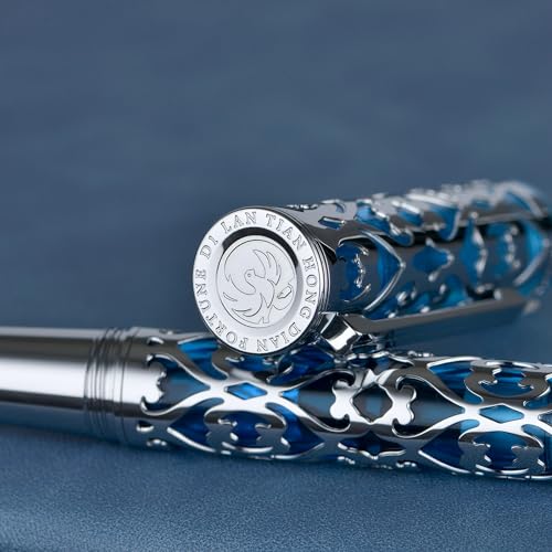 Image of Hongdian D1 Piston Fountain Pen Fine Soft Nib, Silver Blue Hollow Skeleton & Resin Pen with Metal Case Set