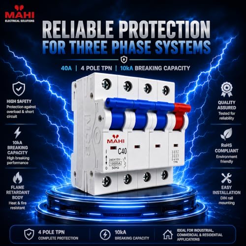 Image of MAHI 40A Four Pole MCB C Curve, Miniature Circuit Breaker with Overload & Short Circuit Protection, 40A Breaking Capacity, Durable Polycarbonate Body for Home & Industrial Use