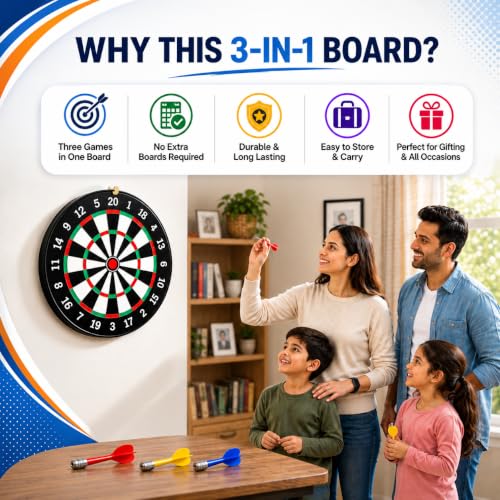 Image of 3-in-1 Magnetic Dart Board with Darts | One Side Dart Game, Other Side Ludo & Tic Tac Toe | Double-Sided Indoor Game Board for Kids & Adults | Safe Magnetic Darts for Home & Gifting