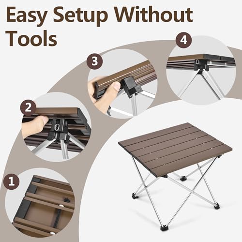 Image of Grope Small Folding Camping Table with Aluminum Table Top, Beach Table for Sand with Carrying Bag,Prefect for Outdoor, Picnic, BBQ, Cooking, Festival (Coffee-M)