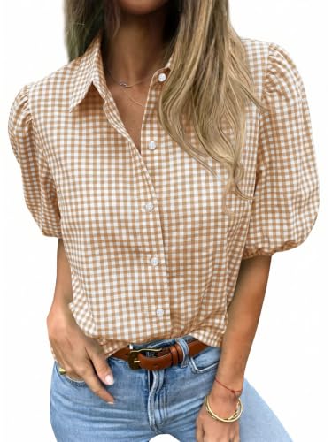 Image of Tankaneo Women's Button Down Shirts Short Puff Sleeve Collared Dressy Casual Blouse Tops