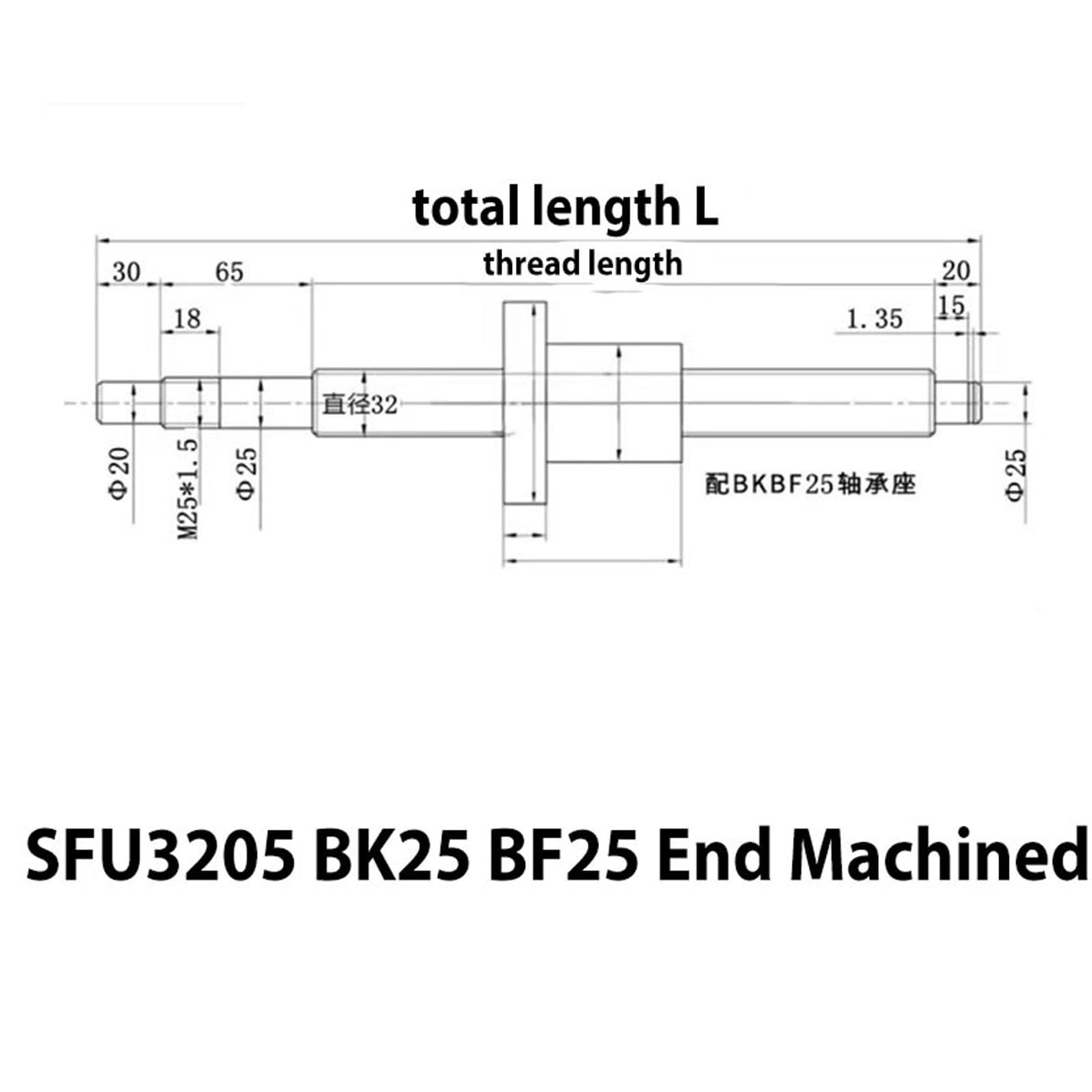 Zestaw śrub kulowych, SFU3205 Śruba kulowa z gwintem lewym 32 mm 5 BK25 BF25 Nakrętka kołnierzowa 150-1150(1150mm 45.28" long)