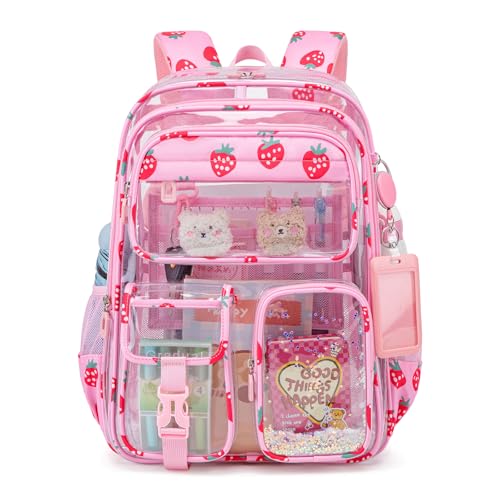 QIXIHU Mochila transparente para escola, eventos de estádio, resistente para meninas, meninos, trabalho, esportes, Morango rosa, Moderno