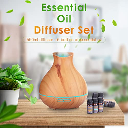 Bzseed Essential Oils Diffuser Set, 550Ml Aroma Ultrasonic Diffuser & 6 Essential Oils, Cool Mist Humidifier With 4 Timer And 7 Color Light Settings, Waterless Auto-Off High Output For Home Bedroom #TOP1