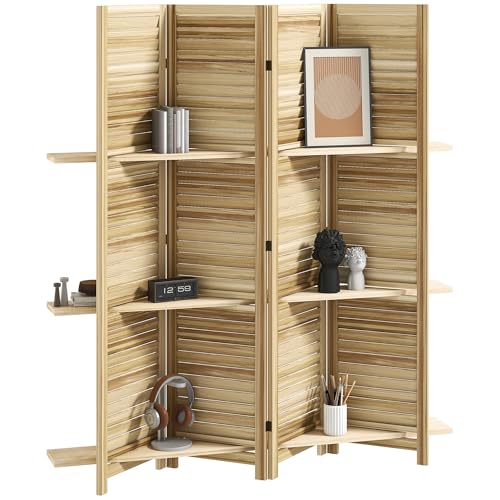 HOMCOM Paravent intérieur en Bois 4 Panneaux 160 x 170 cm, séparateur de pièce Pliable avec 3 étagères, cloison de séparation pour Salon, Chambre à Coucher,...