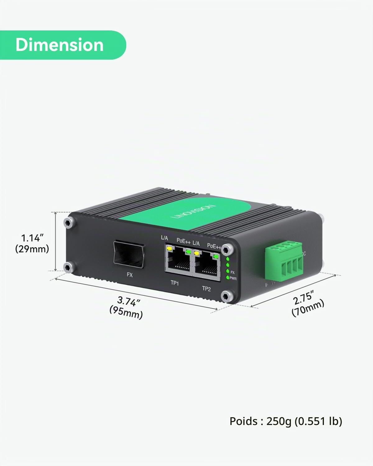 LINOVISION Commutateur industriel 2 ports Gigabit BT90W PoE++ avec liaison montante SFP en fibre IEEE802.3af/at/bt, IP40, injecteur PoE compact pour caméra PTZ, éclairage PoE, téléphone VoIP, AP