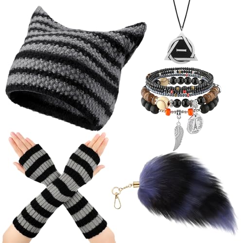 Newcotte 5 Pcs Therian Gear Stuff Beanie Hat Therian Necklace Glove Bracelet Tail Keychain Y2k Fairy Grunge Accessories(Elegant Black Grey Stripe)