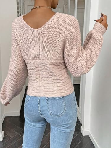 Image of WDIRARA Women's Textured Crossover V Neck Sweater Long Sleeve Drop Shoulder Casual Pullover Tops