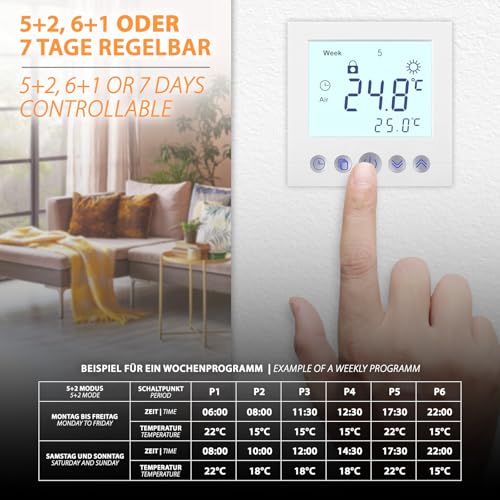 Digitales Unterputz Thermostat weiß mit 8cm Displaydiagonale - Wochenprogrammierung - Kindersicherung - für elektrische oder wassergeführte Fußbodenheizung