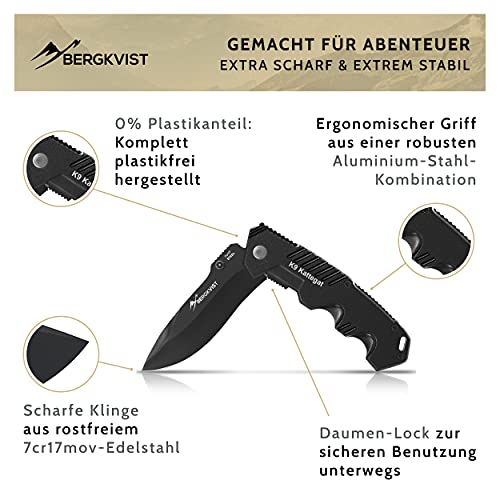 BERGKVIST K9 Folding Knife (One-Handed Knife) - Sharp Pocket Knife for Outdoor & Survival with Black Stainless Steel Blade, Whetstone & Belt Bag - Image 3