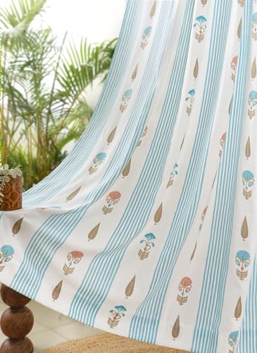 Image of Tranquebar Curtain Co. Window Curtains 5 Feet, 60-65% Room Darkening,Blue-Pink Floral Print, Cotton Curtains for Window, Cotton Curtains 5 Feet Long Set of 2, BackTab Loops,Reva (152 cm) - Set of 2