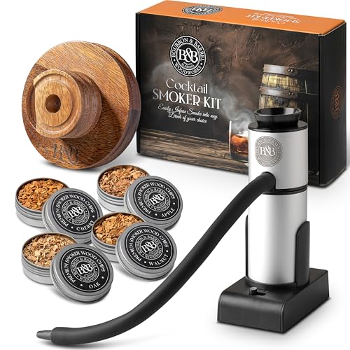 BOURBON&BARREL Cocktail Smoker Kit | Crafted with Walnut Wood | Whiskey Smoker Kit with Instant Smoker, Glass Drink Topper and 4 Varieties of Wood Chips | Old Fashioned Drink Smoker [Walnut]