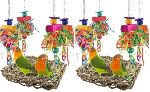 Image of KATUMO Conure Toys, Bird Grass Swing Mat Parrot Climbing Hammock with Colorful Toys for Parakeet, Cockatiel, Sun Conure, Lovebird, Budgie, Small Birds (Pack of 2)