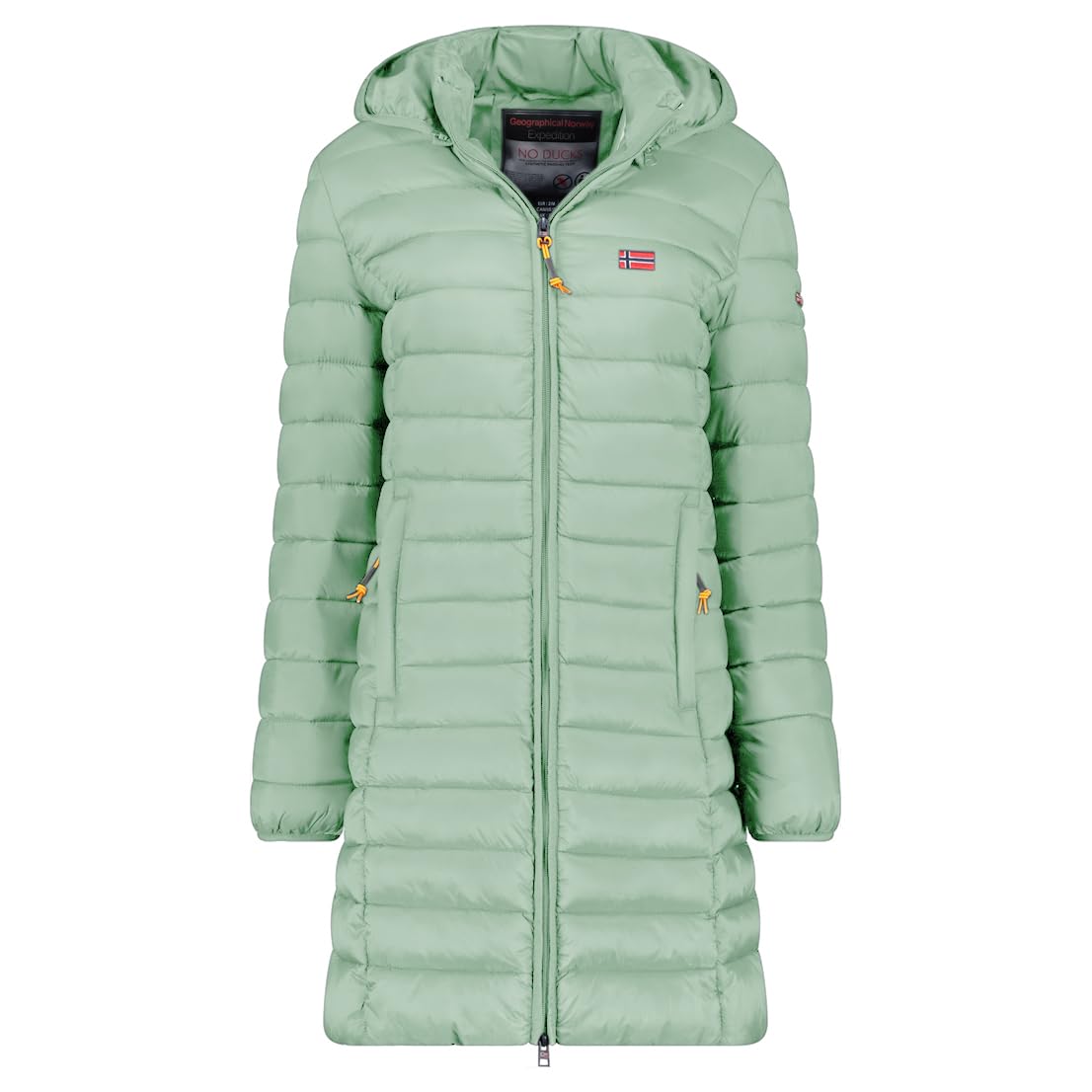 Geographical Norway Atikolor Lady Long Hood Parka Mujer Larga con Capucha Cremallera Central Poliamida Cortavientos Bolsillos Laterales Parche Brazo Bandera Pecho