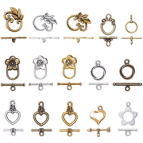 PH PandaHall 60 Sets Toggle Clasp 15 Styles T-bar Closure Clasps IQ Toggle Clasps Flower Heart Clasps Fastener Hook Toggle Connectors TBar End Clasps for Necklace Bracelet Jewelry Making